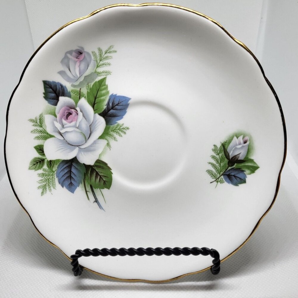 Duchess Tea cup Saucer Bone China Porcelain White Roses Plate